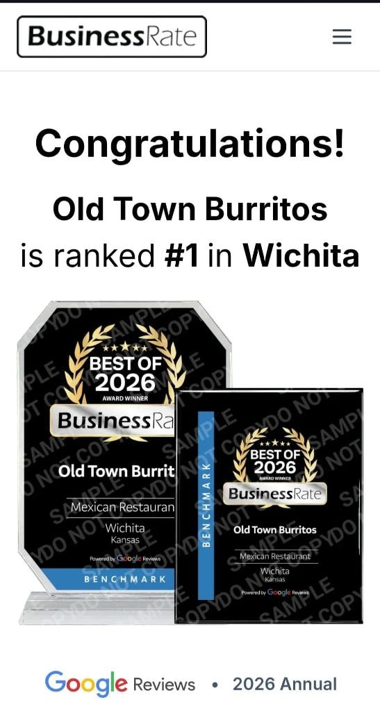 BusinessRate Best of 2026 Award - Old Town Burritos #1 Mexican Restaurant in Wichita